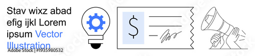Business strategy, financial planning, creativity, marketing campaigns, innovation, entrepreneurship. Lightbulb with gear, signed check megaphone icon. Business strategy and financial planning