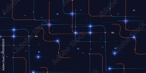 Futuristic Neon Data Network Background with Glowing Nodes and Connected Lines, Abstract Digital Technology Grid on Dark Blue Backdrop