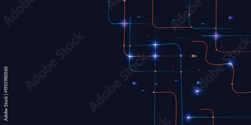 Futuristic Neon Data Network Background with Glowing Nodes and Connected Lines, Abstract Digital Technology Grid on Dark Blue Backdrop