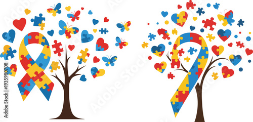 Colorful tree with hearts and butterflies in flight on white background