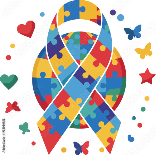 Colorful puzzle piece ribbon surrounded by hearts and butterflies for autism awareness