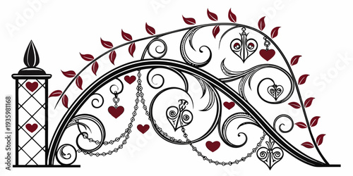 Ornate decorative gate with hearts and scrolls, vector