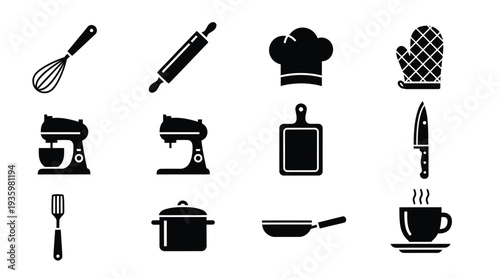 Kitchenware and cooking icon set with chef hat, mixer, knife, pot, pan and baking tools