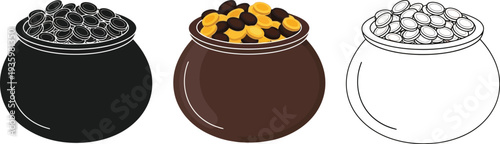 Three stylized pots, depicted with various fillings including black spheres, shining gold coins, and white round objects, offer versatile graphic assets for concepts of wealth, treasure, and fortune.