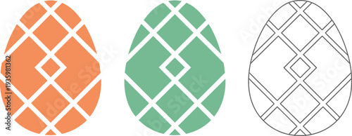 Three decorative eggs, each adorned with a distinct geometric grid pattern in vibrant orange, pastel green, and a simple outline, offer appealing graphic assets for seasonal designs.