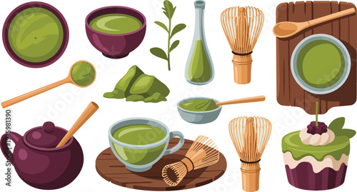 Matcha green tea ingredients and desserts with wooden utensils and ceramic dishes
