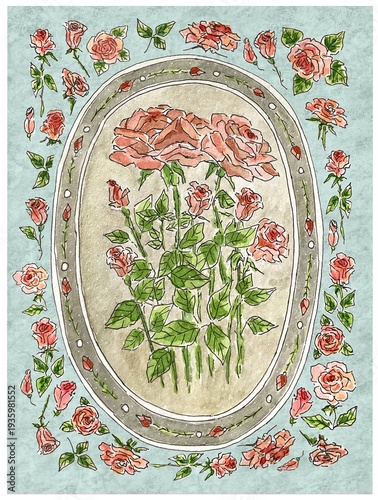 Bouquet of roses in a frame , watercolor illustration