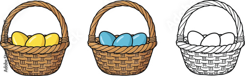 Woven wicker baskets filled with colorful and monochrome eggs are presented in three different rendering styles for holiday use.