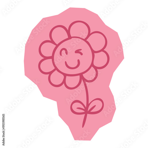 Hand drawn doodle sticker cute smiling flower character on pink background for happiness and nature positivity concept for scrapbook and journal. Vector illustration design.