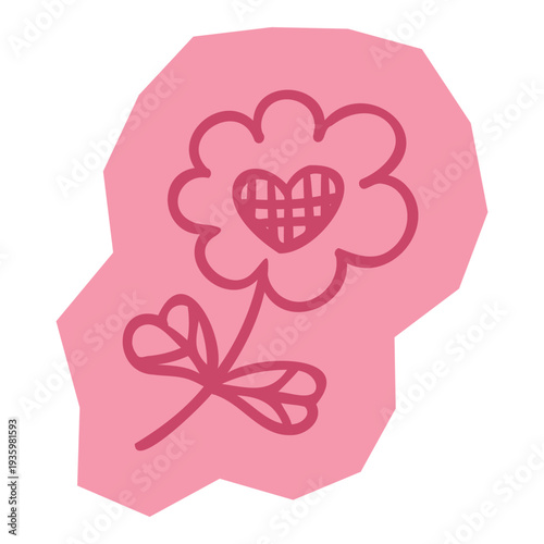 Hand drawn doodle sticker flower with heart center and heart shaped leaves for scrapbook and journal. Vector illustration design.