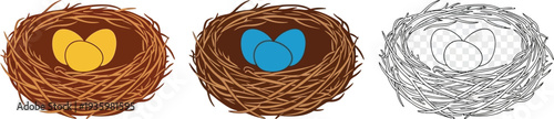 Two woven bird nests containing different colored eggs sit beside a grayscale outline illustration suitable for children's activity books.