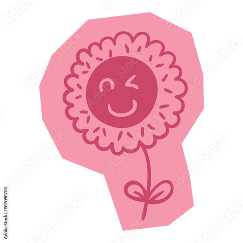 Hand drawn doodle sticker winking smiley face flower with stem and leaves for scrapbook and journal. Vector illustration design.