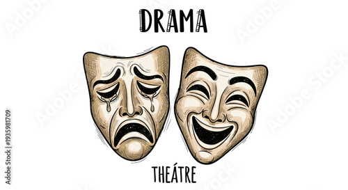 Theatre masks representing comedy and tragedy drama performance.