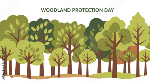 Woodland Protection Day illustration with trees in various shades of green.