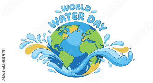 World Water Day illustration with globe and splashing water.