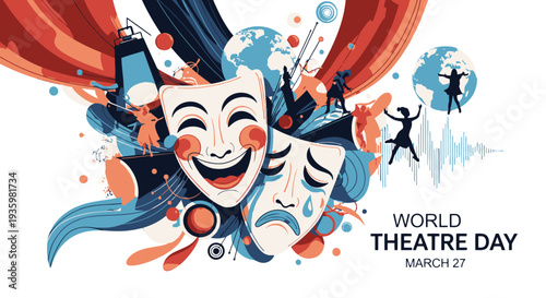Vibrant World Theatre Day Celebration with Comedy and Tragedy Masks.