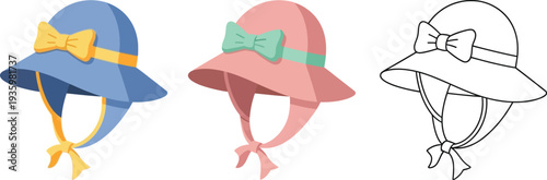 A set of three sun hats, including blue, pink, and black outline versions, are displayed against a white background for children's apparel design.