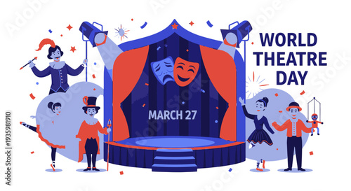 World Theatre Day celebration with masks and stage.