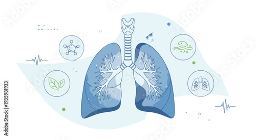 Human lungs illustration with medical icons and symbols.