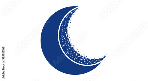 Crescent moon with sparkling stars on white background