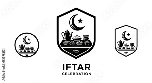Iftar Celebration Logo with Crescent Moon, Star, and Food Icons