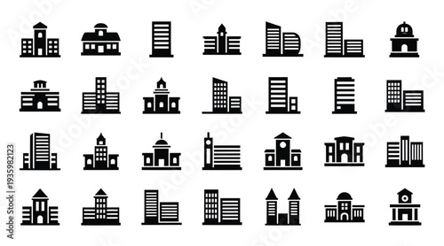City building and architecture icon set with office, residential, and commercial structures