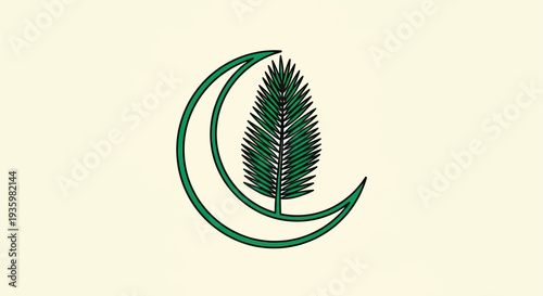 Crescent moon embracing a pine tree silhouette on a neutral background
