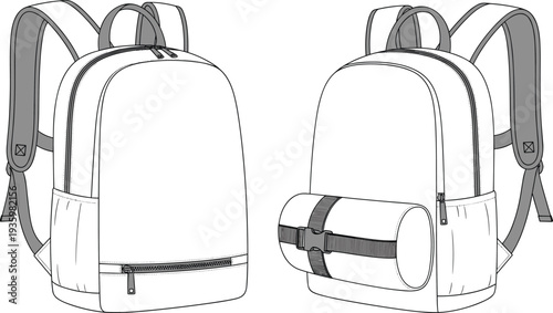 Technical fashion flat sketch of a minimalist backpack with front zipper pocket and adjustable bottom straps for yoga mat CAD