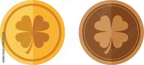 Two stylized coins featuring a four-leaf clover design are shown in flat graphic style, representing gold and bronze currency.