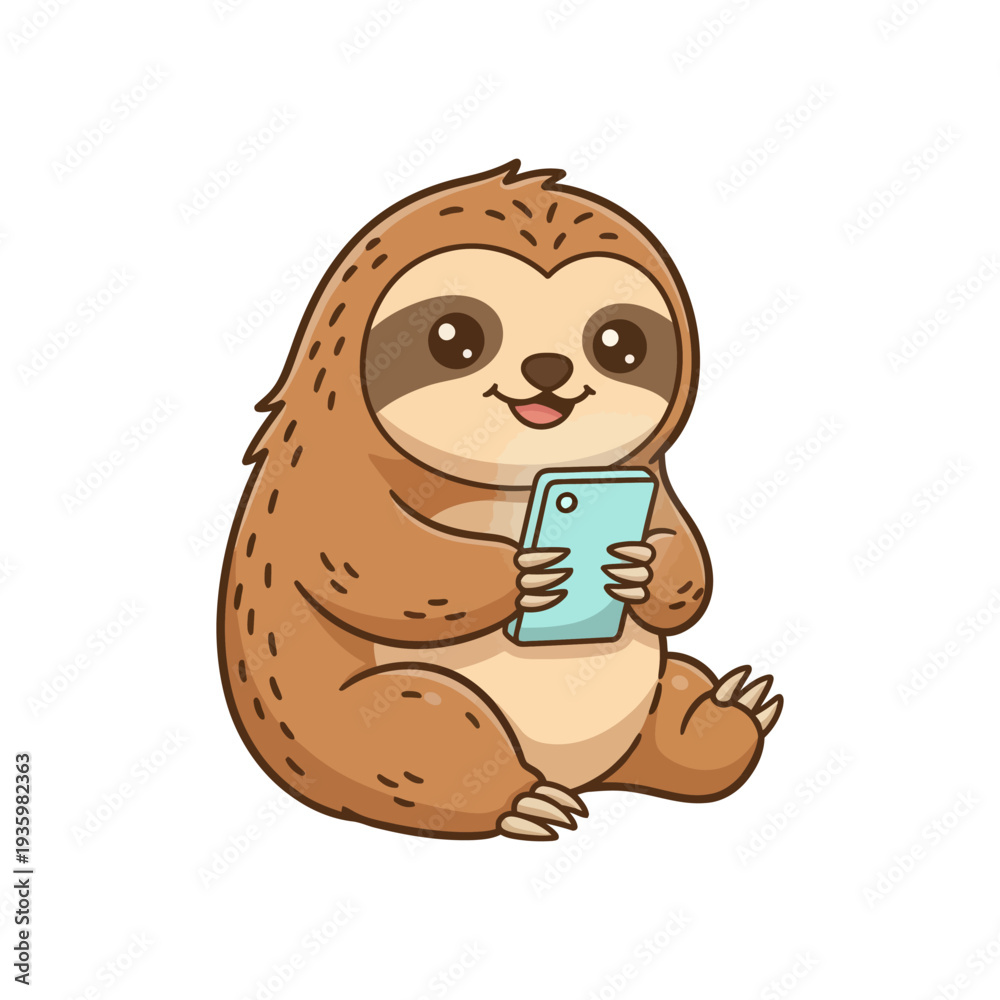 Naklejka premium Cute cartoon sloth holding a smartphone, enjoying digital communication and connection