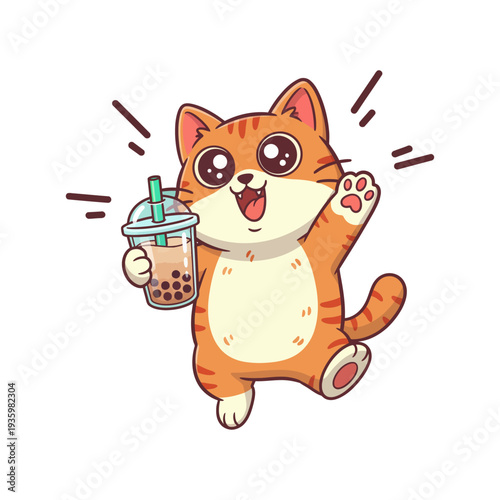 Adorable cartoon cat happily holding a bubble tea cup and waving its paw