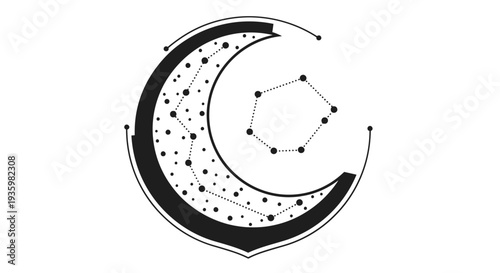 Stylized Crescent Moon with Constellation Dots and Geometric Shapes