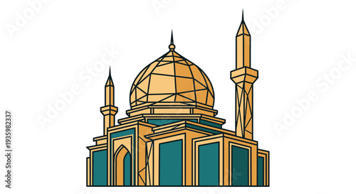 Modern Mosque Architecture with Golden Dome and Minarets, Islamic Cultural Symbol