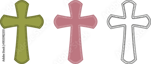 Two textured religious cross icons, colored olive green and dusty rose, are displayed alongside a black and white outline version.