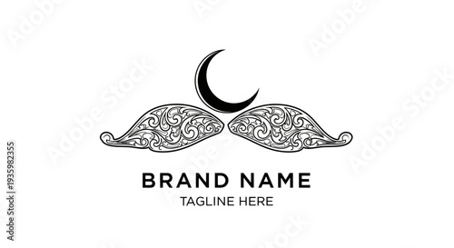 Elegant Mustache Logo with Crescent Moon and Ornate Swirls