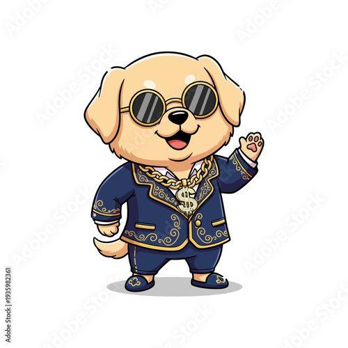 Dapper canine in a stylish suit and sunglasses, exuding confidence and wealth with a large gold chain