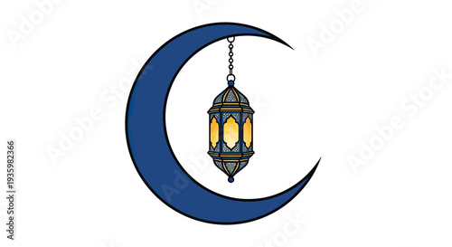 Ramadan Lantern Hanging on Crescent Moon - Islamic Holiday Celebration