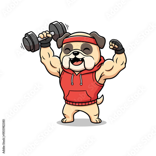 Bulldog cartoon character flexing muscles with dumbbell, wearing red hoodie and headband, promoting fitness and strength