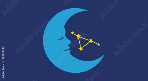 Blue crescent moon with closed eyes and constellation of stars on dark blue background