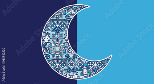 Crescent Moon with Geometric Ornate Pattern on Split Blue Background