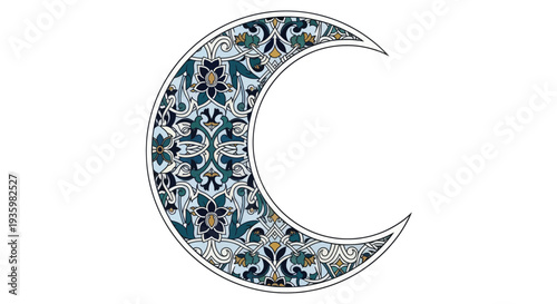 Ornate Crescent Moon with Intricate Floral Pattern, Islamic Art Inspired