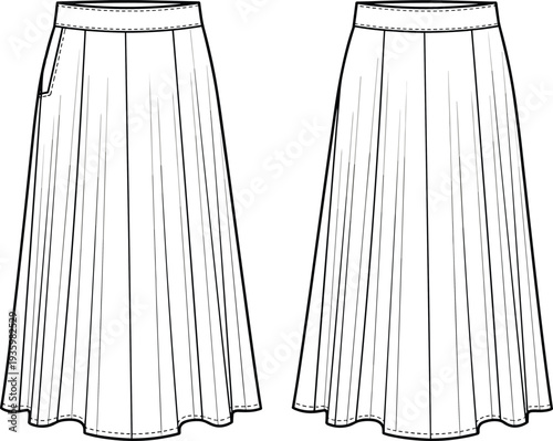 Technical fashion flat sketch of a women's high waisted midi A-line skirt with waistband and side pocket CAD drawing vector