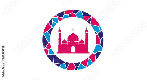 Pink Mosque Silhouette in Mosaic Circle Frame