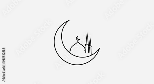 Islamic crescent moon with mosque silhouette, minimalist line art, Ramadan symbol