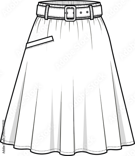High waisted belted A-line skirt technical flat sketch, flared midi skirt with pocket, cad drawing flat vector illustration for fashion,