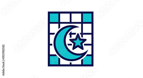 Islamic Crescent Moon and Star Icon on Grid Background