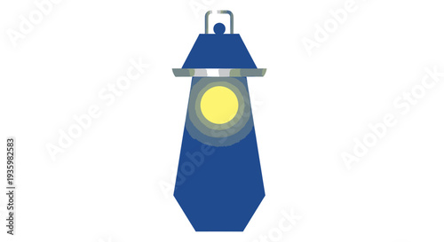 Vintage Blue Lantern with Glowing Yellow Light, Isolated on White Background