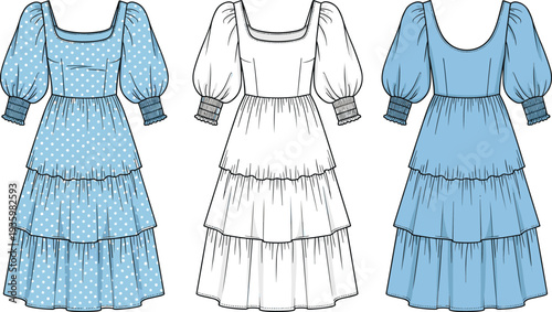 Women tiered puff sleeve dress technical flat sketch, square neck ruffled midi dress template, cad drawing flat vector illustration,