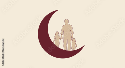 Father and daughters silhouette on crescent moon, family love, twilight, islamic symbol