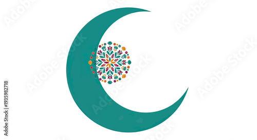 Turquoise crescent moon with ornate mandala pattern isolated on white background